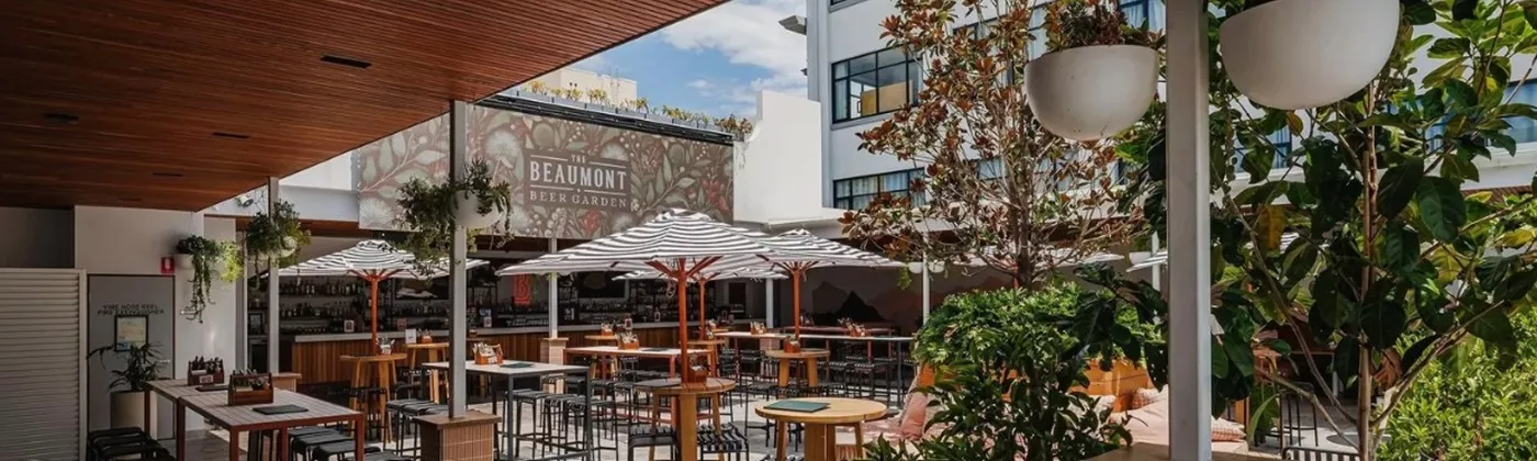 seating with umbrellas on an outdoor roof top