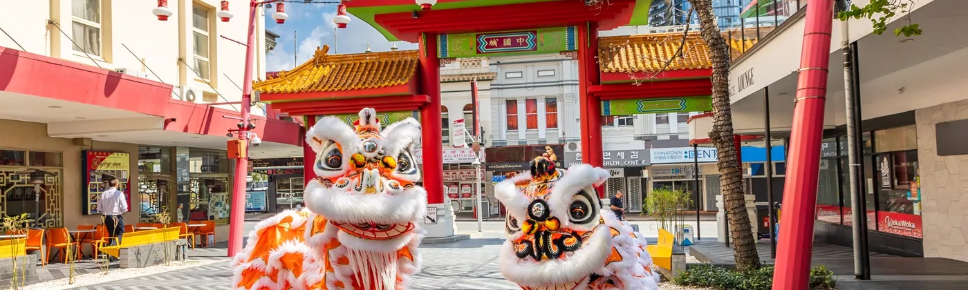 chinese lions infront of entrance gates