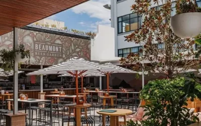 seating with umbrellas on an outdoor roof top