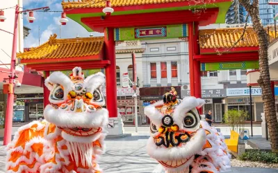 chinese lions infront of entrance gates